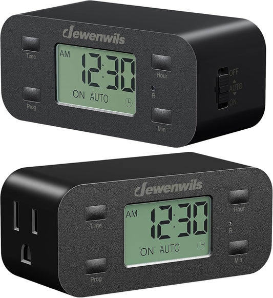 DEWENWILS 24 Hour Programmable Digital Timer Outlet with 1 Grounded Outlet, 2 Pack Timers for Electrical Outlets, 3 Prong Light Timer for Indoor Lamp Fan Aquarium, 125V/15A/1000W, 1/2 HP, Black