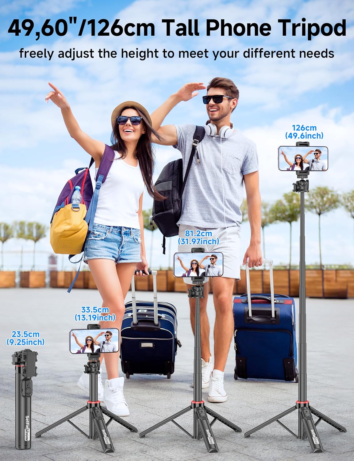 Aluminum Selfie Stick Phone Tripod, 360° Ball Head Selfie Stick for iPhone with Cold Shoe, Extendable Smartphone Tripod Stand with Remote Portable Travel Tripods Compatible with iPhone 16/15/Android