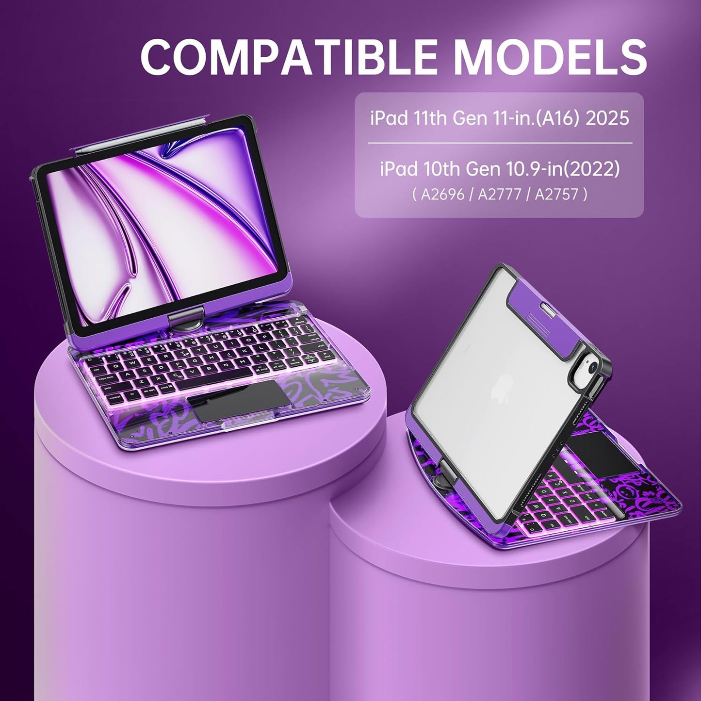 GUSGU Transparent Case with Wireless Keyboard for iPad 11th Gen 11-in.(A16, 2025), 2022 iPad 10th Gen 10.9-in, 7 Colors Backlight, Trackpad, 360°Rotating Stand, Tech Style