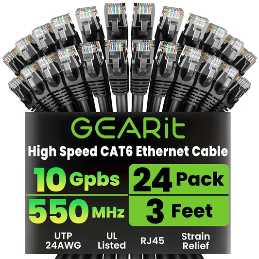 GEARit Cat 6 Ethernet Cable Pack - 24-Pack 3 ft Cat6 Ethernet Patch Cables | RJ45 Network Patch Cable, 10 Gbps Snagless Gold-Plated Connectors - Ethernet Cable Cat 6 for PC, TV, Router - Black