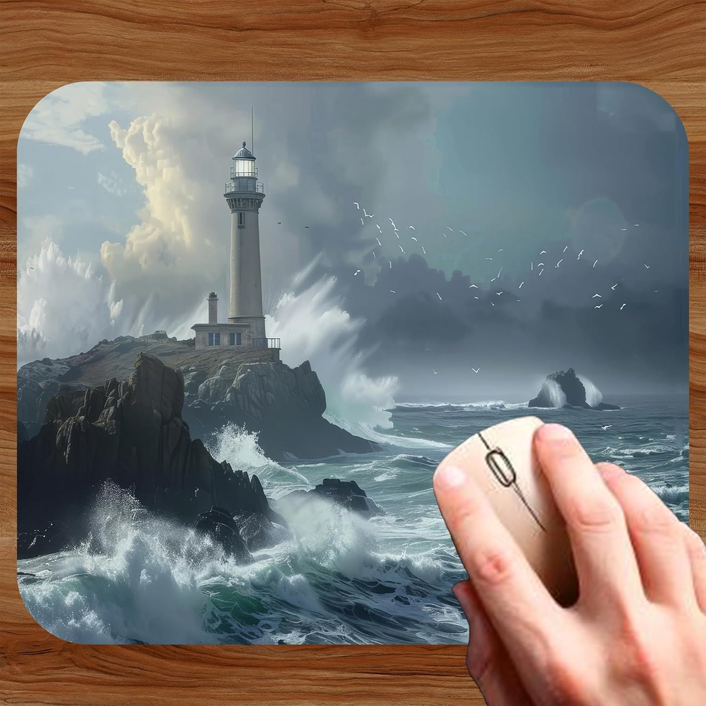 Coastal Shoreline Waves Sandy Beach Theme Mouse Pad Mat Mousepad for Desk Computer Laptop PC Gaming Home or Office Gift (Lighthouse Seagull MP32)