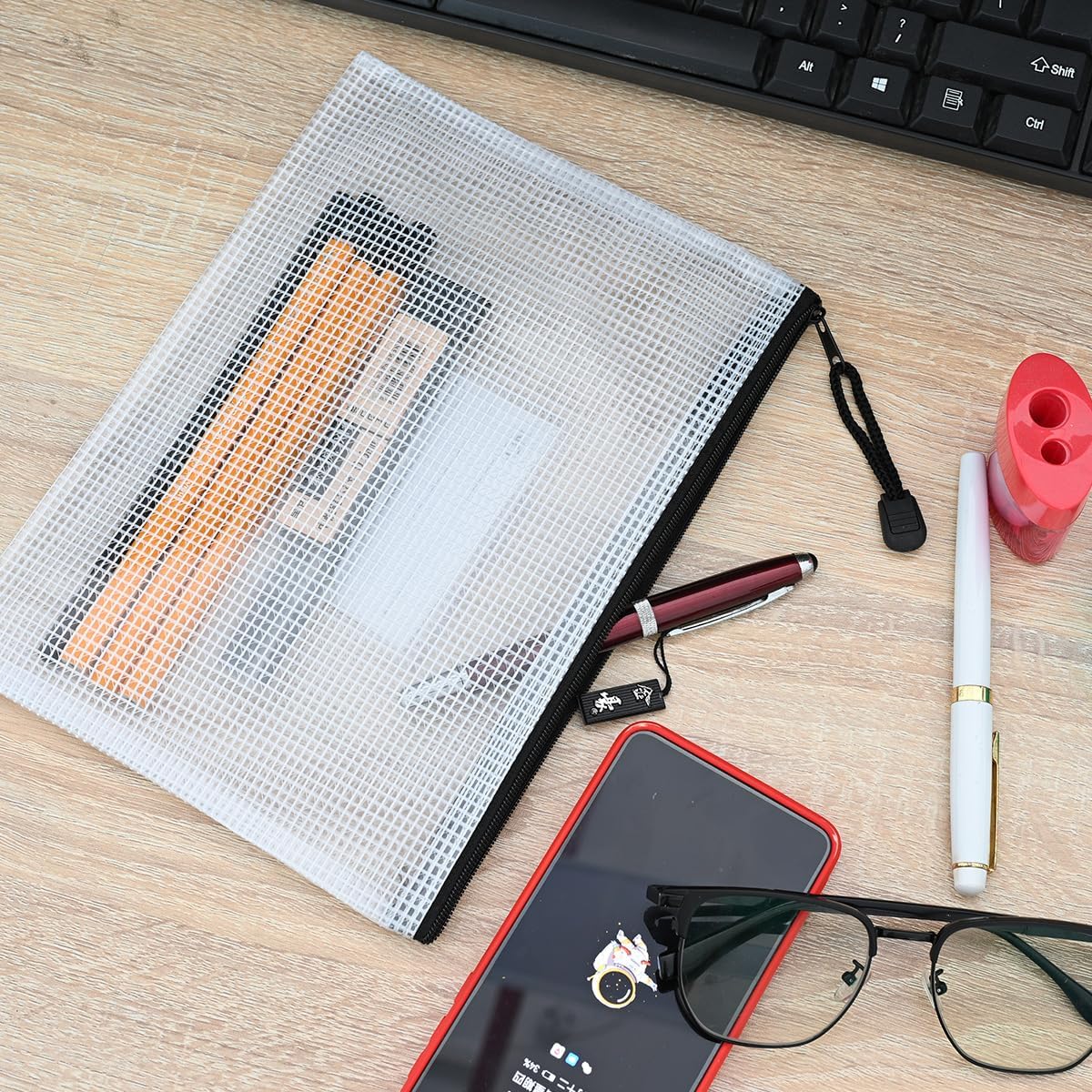 AUSTARK 10 Pcs Zipper File Bags, Waterproof Plastic Mesh Pouch for Office School, Board Game Storage Bags (A5 Size 9.2''x6.7'', White and Black)