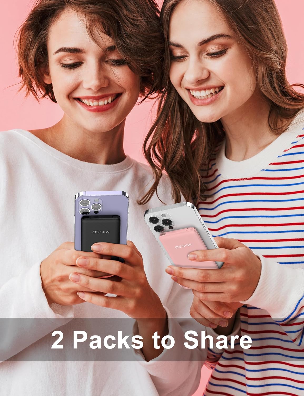 10000mAh Slim Portable Charger with Built in Cable, Power Bank Travel Charger External Battery Pack for Phone, 4 Output USB Type C Cord Clutch Charger Compatible with iPhone, 2 Pack Black & Pink