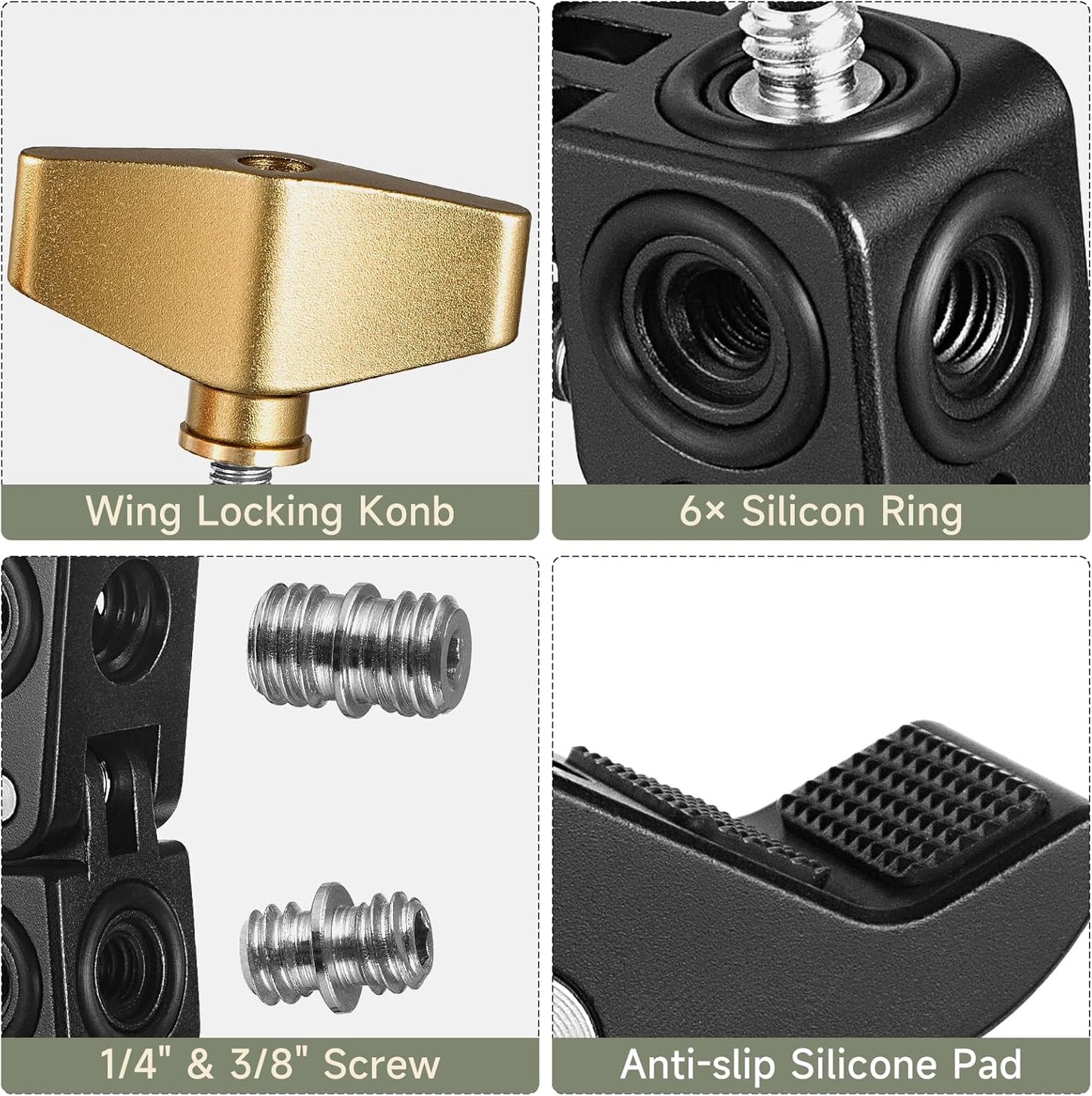 MINIFOCUS Super Clamp Mount, Tripod Clamp with 1/4" & 3/8" Threaded Holes, 3/8" Locating Pin for ARRI Standard, T-Shaped Wingnut and Silicone Pad, Versatile Crab Clip Strong Clamp for Camera/LED Light