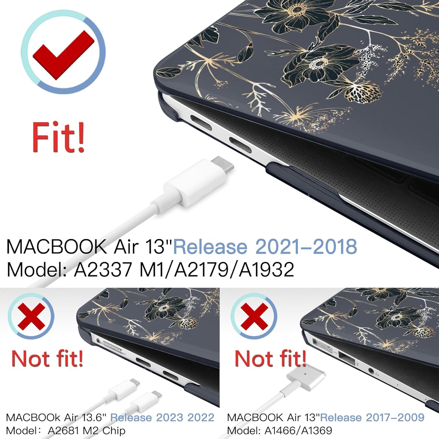 MEEgoodo for MacBook Air 13.3 inch Case 2021 2020 2019 2018 A2337 M1 A2179 A1932, Case for MacBook Air M1, Hard Shell with Keyboard Webcam Cover & Trackpad Film & Type C Adapter,Golden Flowers & Herbs