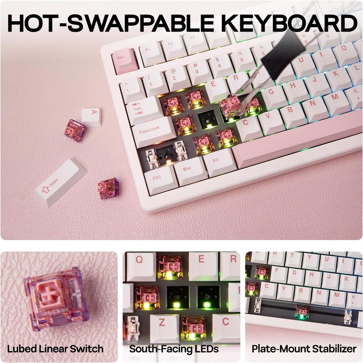 EPOMAKER QK81 75% Wireless Mechanical Gaming Keyboard, QMK/VIA Programmable and Hot-Swappable, 81 Keys with Metal Knob, 2.4Ghz/BT/USB, Creamy Gasket-Mount, RGB Backlight (White, Flamingo Switch)