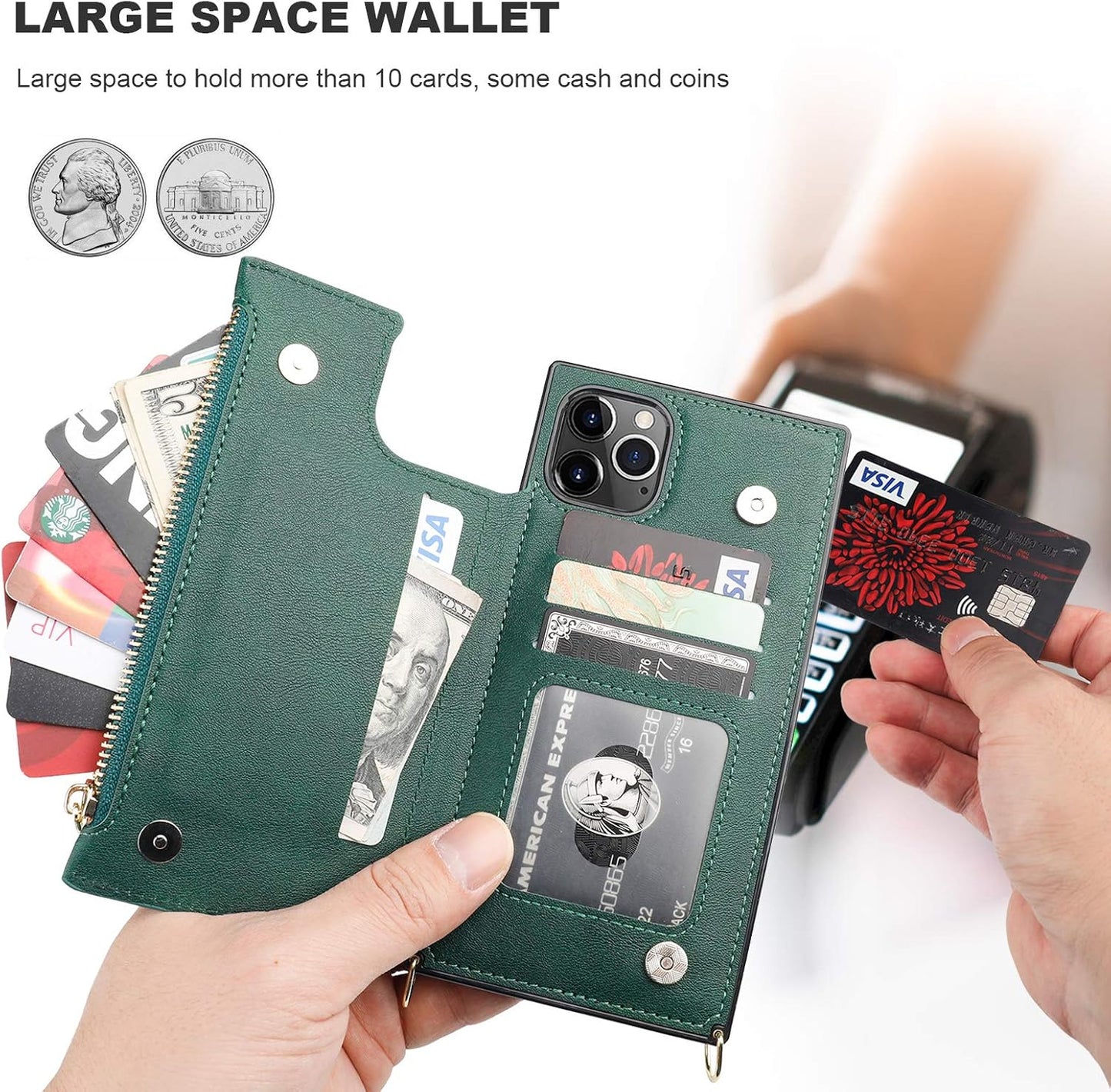 Bocasal Crossbody Wallet Case for iPhone 11 Pro Max with Card Holder,Zipper Card Slot Protector Shockproof Purse Cover with Removable Cross Body Strap 6.5 Inch(Green)