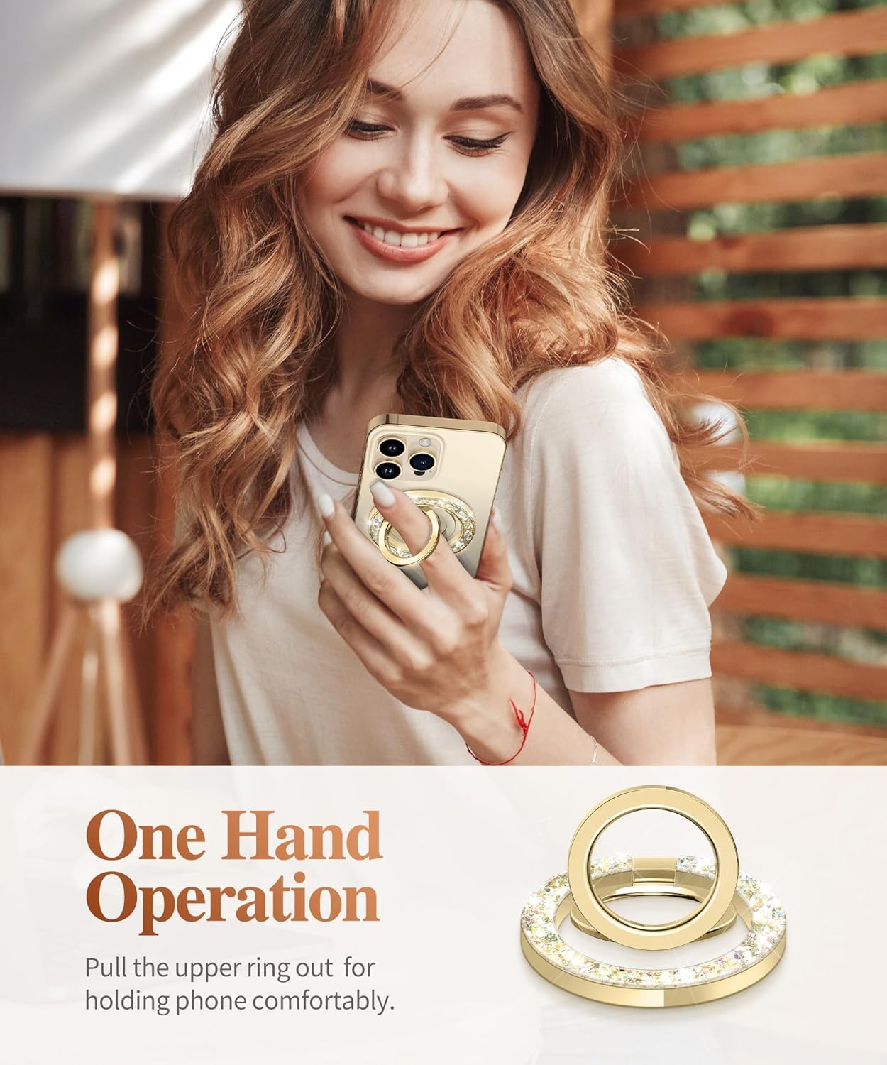 GVIEWIN Magnetic Phone Ring Holder, Compatible with MagSafe Phone Grip with Adjustable Stand, Magnet Phone Ring Kickstand for iPhone 16 Pro Max/Plus/15/14/13/12 Series/Other Phones (Glitter/Gold)