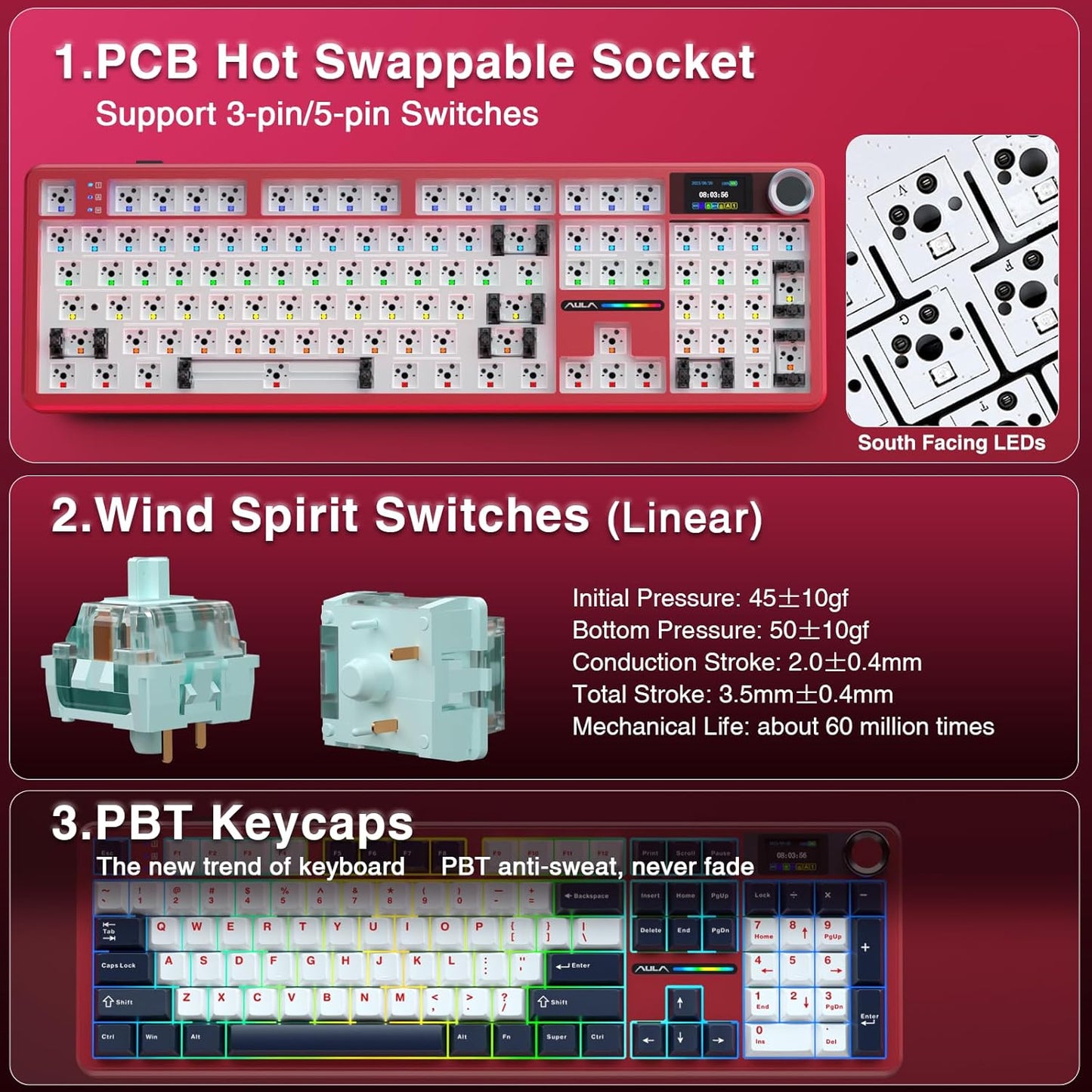 AULA F108 PRO - Wireless Mechanical Keyboard with Screen&Knob,Hot Swappable Gaming Keyboard with 8000mAh Battery,Pre-lubed Switches,RGB Backlit,PBT Keycaps Creamy Sounding Computer Keyboards,104 Keys