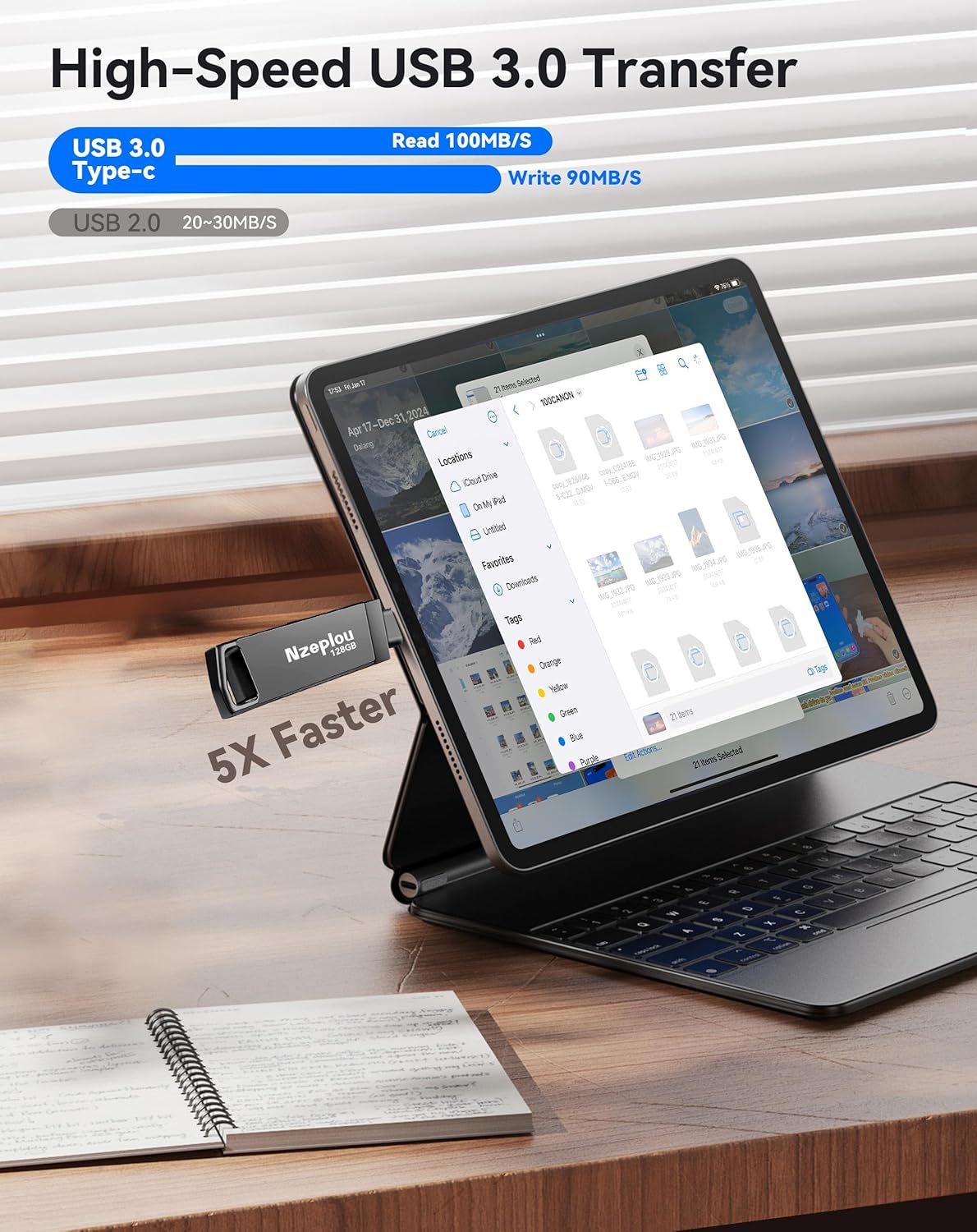 128GB Flash Drive for iPhone iPad, USB3.0 High-Speed Memory Stick No App Needed, Lightening & USB-C External Memory Storage for Photos Videos, Picture Backup Thumb Drive Plug & Play (Space Gray)