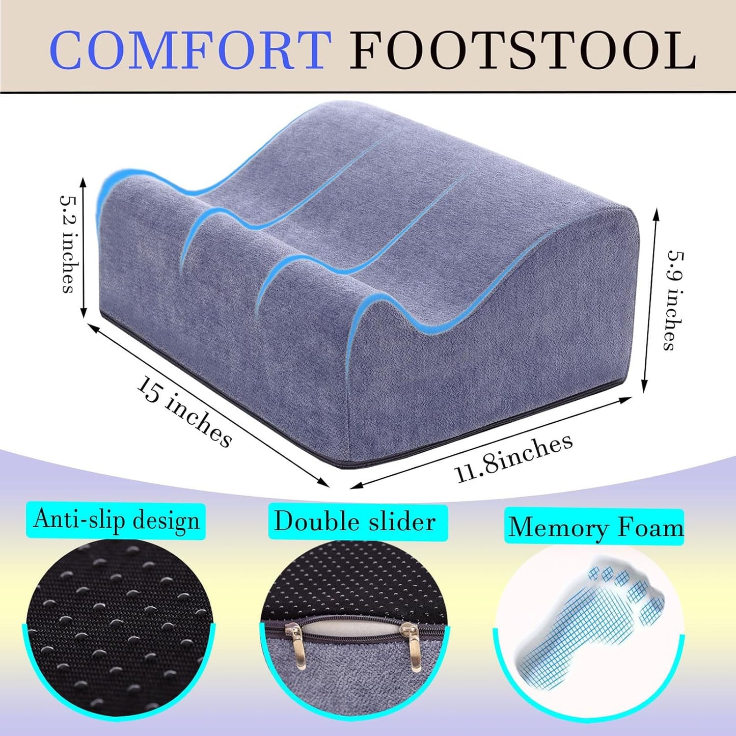 Foot Rest for Under Desk at Work, Ergonomic Under Desk Footrest with Washable Cover, Memory Foam Foot Stool for Office Chair & Gaming Chair, Back & Hip Pain Relief, Blue