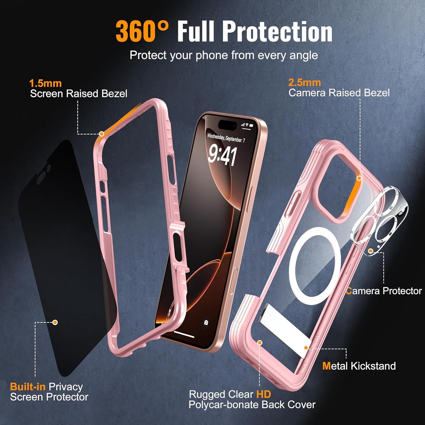 360° Protection Magnetic for iPhone 16 Pro Case Built-in 9H Privacy Screen Protector & Metal Stand[Fit for Magsafe][Anti-Spy][Lens Protector] Heavy Duty Shockproof Phone Case for iPhone 16 Pro