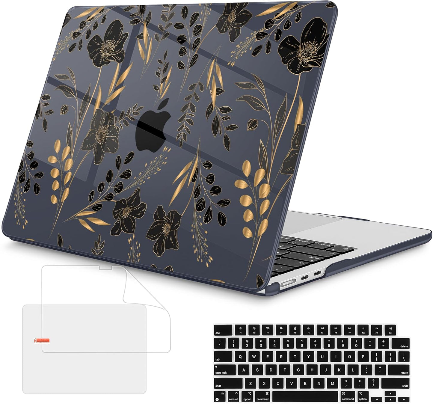 Mektron Compatible with M4 MacBook Air 15 inch Case 2025 A3241 2024 2023 M3 A3114 A2941 M2 Liquid Retina Display Touch ID, Plastic Hard Case & Keyboard Skin & Screen Protector - Gold Floral