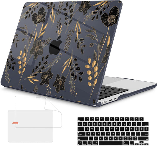 Mektron Compatible with M4 MacBook Air 15 inch Case 2025 A3241 2024 2023 M3 A3114 A2941 M2 Liquid Retina Display Touch ID, Plastic Hard Case & Keyboard Skin & Screen Protector - Gold Floral