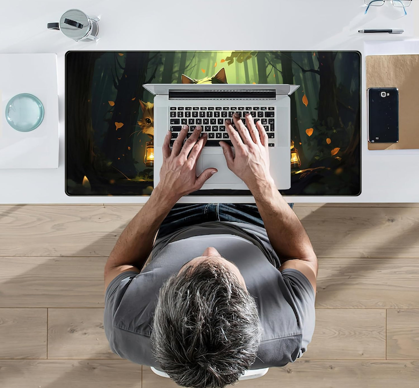 Forest Cats Desk Mat Anime Cat Desk Pad Cute, Kawaii Green Mouse Pad XXL, Large Extended Gaming Mousepad Keyboard Mouse Mat with Stitched Edges, Home Office Decor Pad for Women Girl 31.5x15.75 in