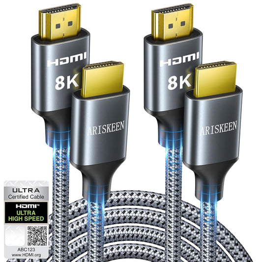 ARISKEEN 8K HDMI Cable 6FT 2-Pack, 48Gbps High Speed HDMI 2.1 Cable, 8K 60Hz, 4K 120Hz 144Hz Support for HDR 10, HDCP 2.2 2.3, eARC, DTS:X, Braided HDMI Cord Compatible with Laptop/HDTV - 6 Feet