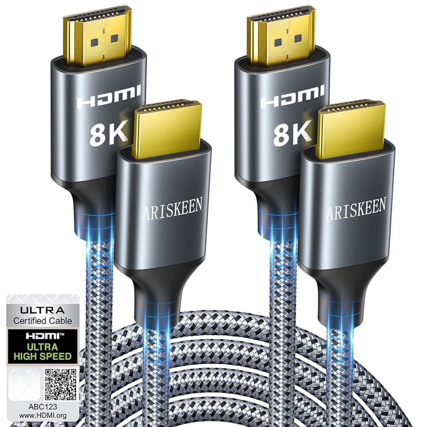 ARISKEEN 8K HDMI Cable 3FT 2-Pack, 48Gbps High Speed HDMI 2.1 Cable, 8K 60Hz, 4K 120Hz 144Hz Support for HDR 10, HDCP 2.2 2.3, eARC, DTS:X, Braided HDMI Cord Compatible with Laptop/HDTV - 3 Feet