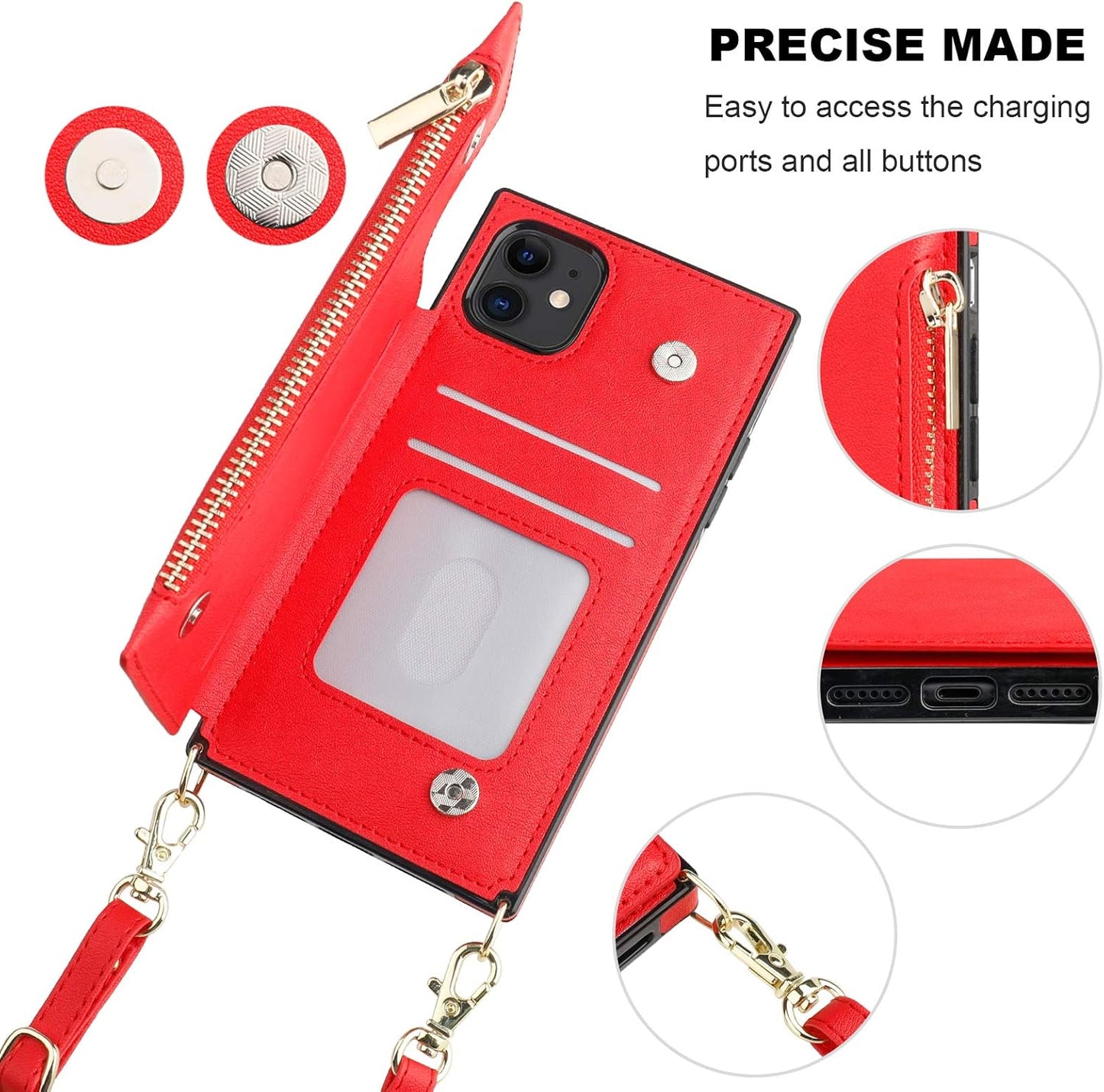 Bocasal Crossbody Wallet Case for iPhone 11 with Card Holder,Zipper Card Slot Protector Shockproof Purse Cover with Removable Cross Body Strap 6.1 Inch(Red)