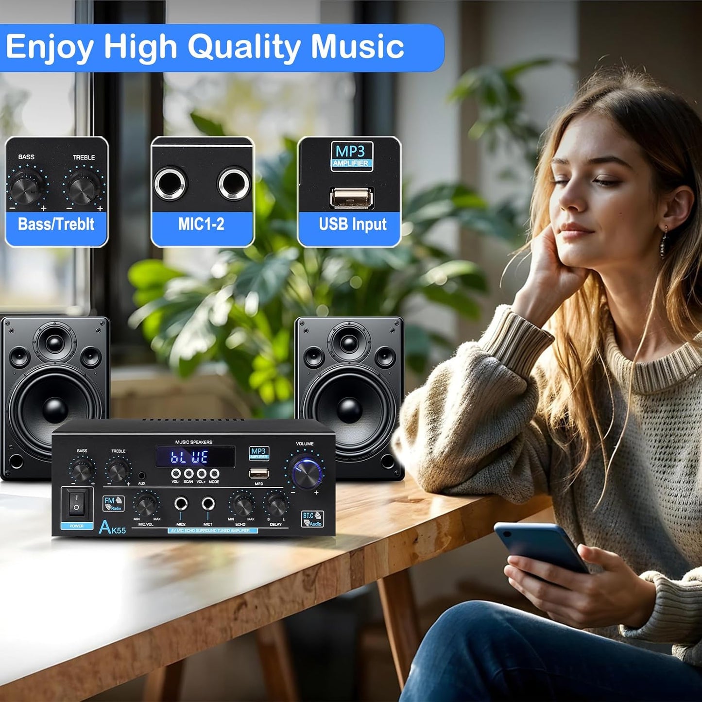 AK55 Stereo Amplifier Home Audio, Bluetooth 5.0 Max 450W Power Stereo Receivers 2.0 Channel Audio Amplifier for Speaker W/Remote Control/AUX/RCA/Echo/USB/2 MIC in for Home Party, Karaoke