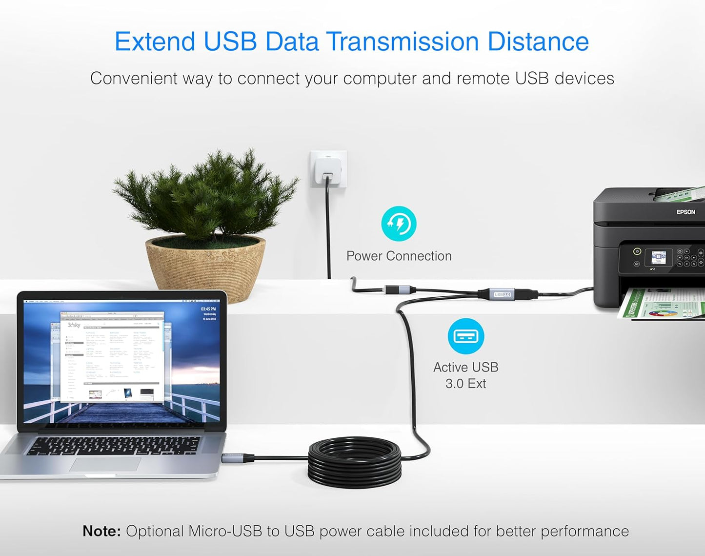 BlueRigger USB 3.0 Extension Cable (75FT, Active, 5 Gbps, In-Wall CL3 Rated, Type A Male to Female Adapter Cord) - Long USB Repeater Extender for VR Headset, Printer, Hard Drive, Keyboard, Mouse, Xbox