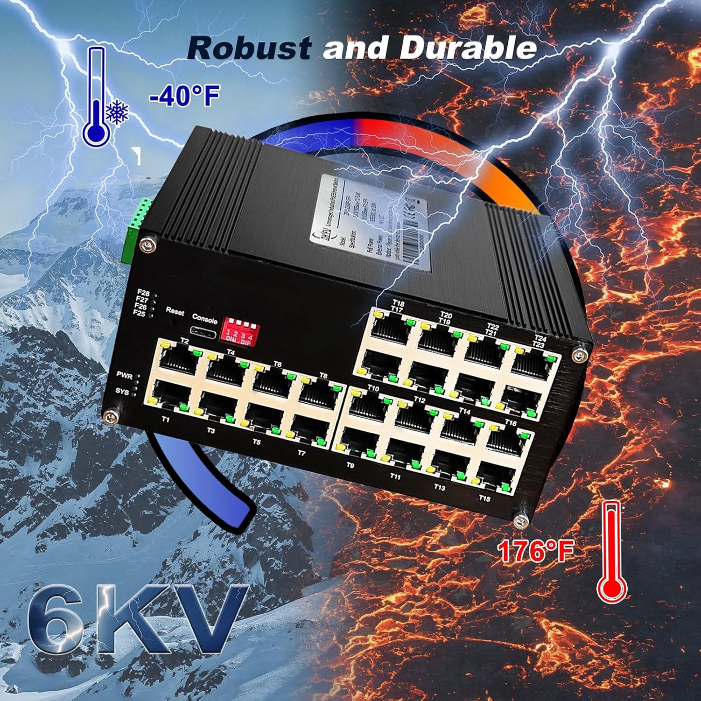 24-Port Gigabit Network Switch, L2+ Managed PoE Ethernet Switch, Support IEEE802.3af/at, Ring Network, VLAN, IPv4/IPv6 Management, Plug and Play, Din-Rail Design