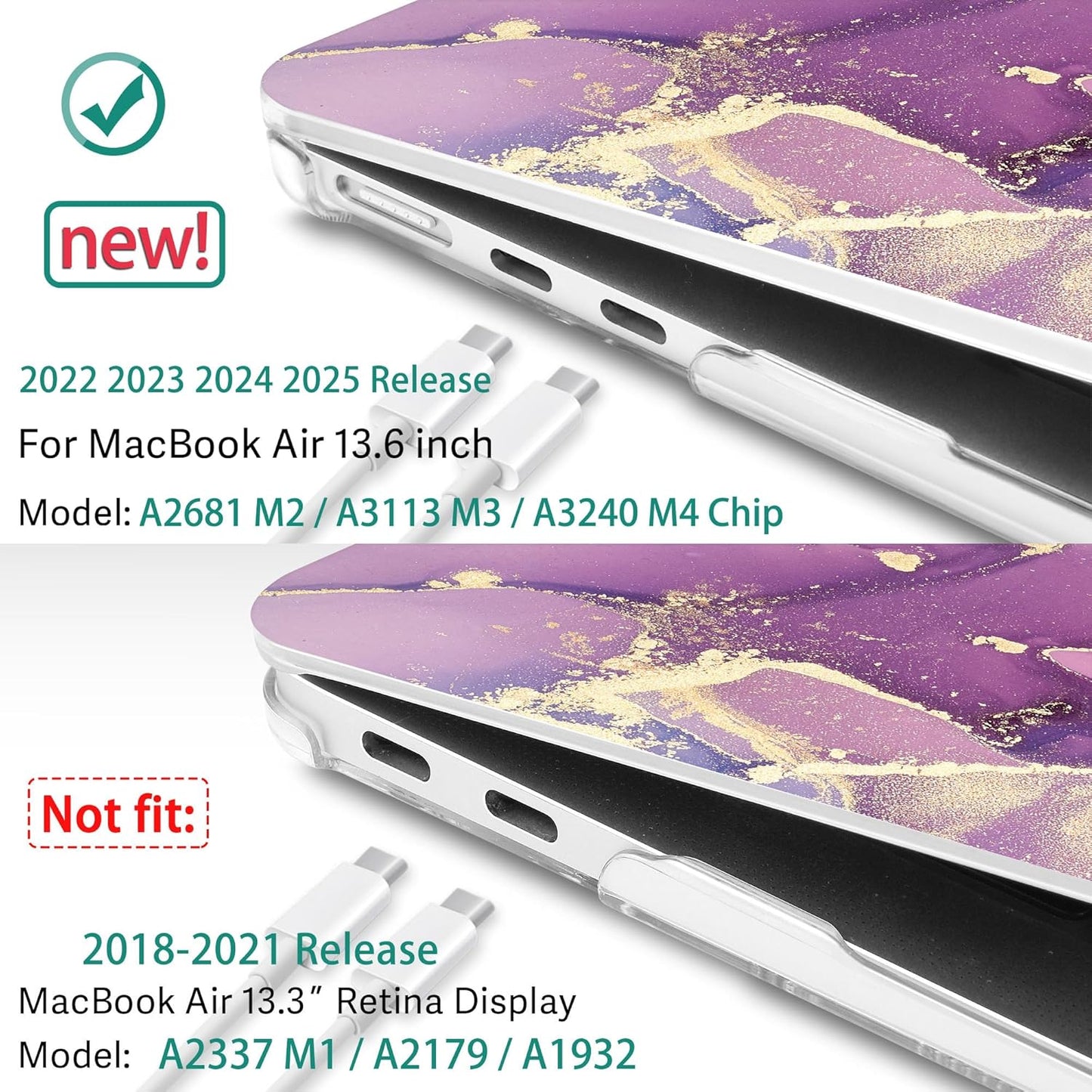 May Chen for MacBook Air 13.6 inch Case A3240 M4 A3113 M3 A2681 M2 with Retina Dispaly, 2025 2024 2023 2022 Release, Plastic Hard Shell Case with Screen Protector & Keyboard Cover, Purple Marble