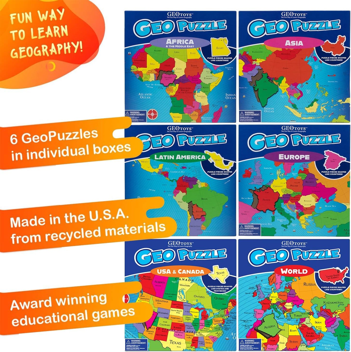 GeoToys GeoPuzzle, Country-Shaped Jigsaw Puzzles Set of 6, Geography Puzzle, Geography Game & Map Puzzle - Jigsaw Puzzles for Kids Ages 6-9 Years Old
