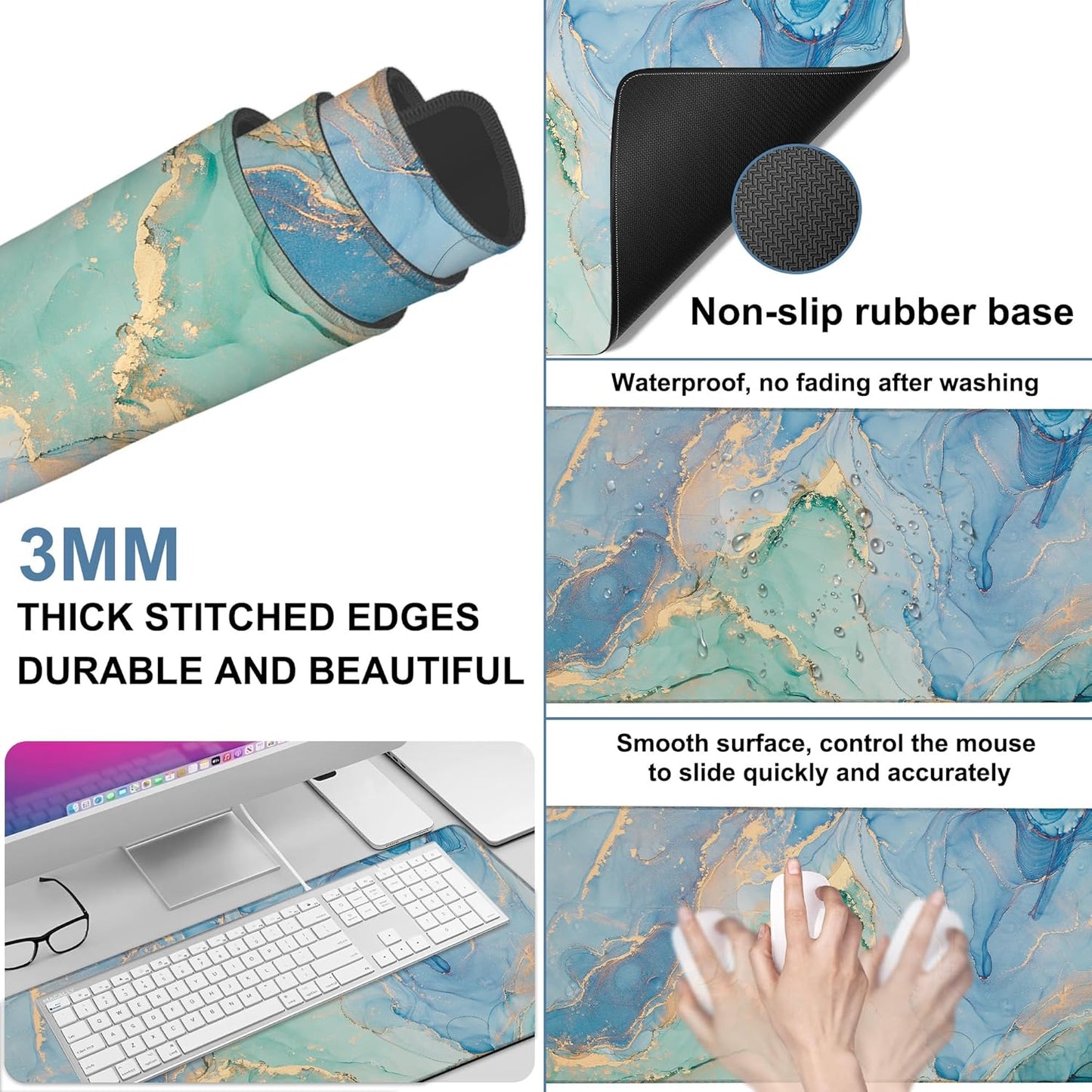 Gaming Desk Pad Large Extra Length Fluid Art Marble Mouse Pad Keyboard Laptop Non-Slip Waterproof with Rubber Base Thick Stitched Edge Mouse Mat for Office Home 35.4 x 15.7 Inches
