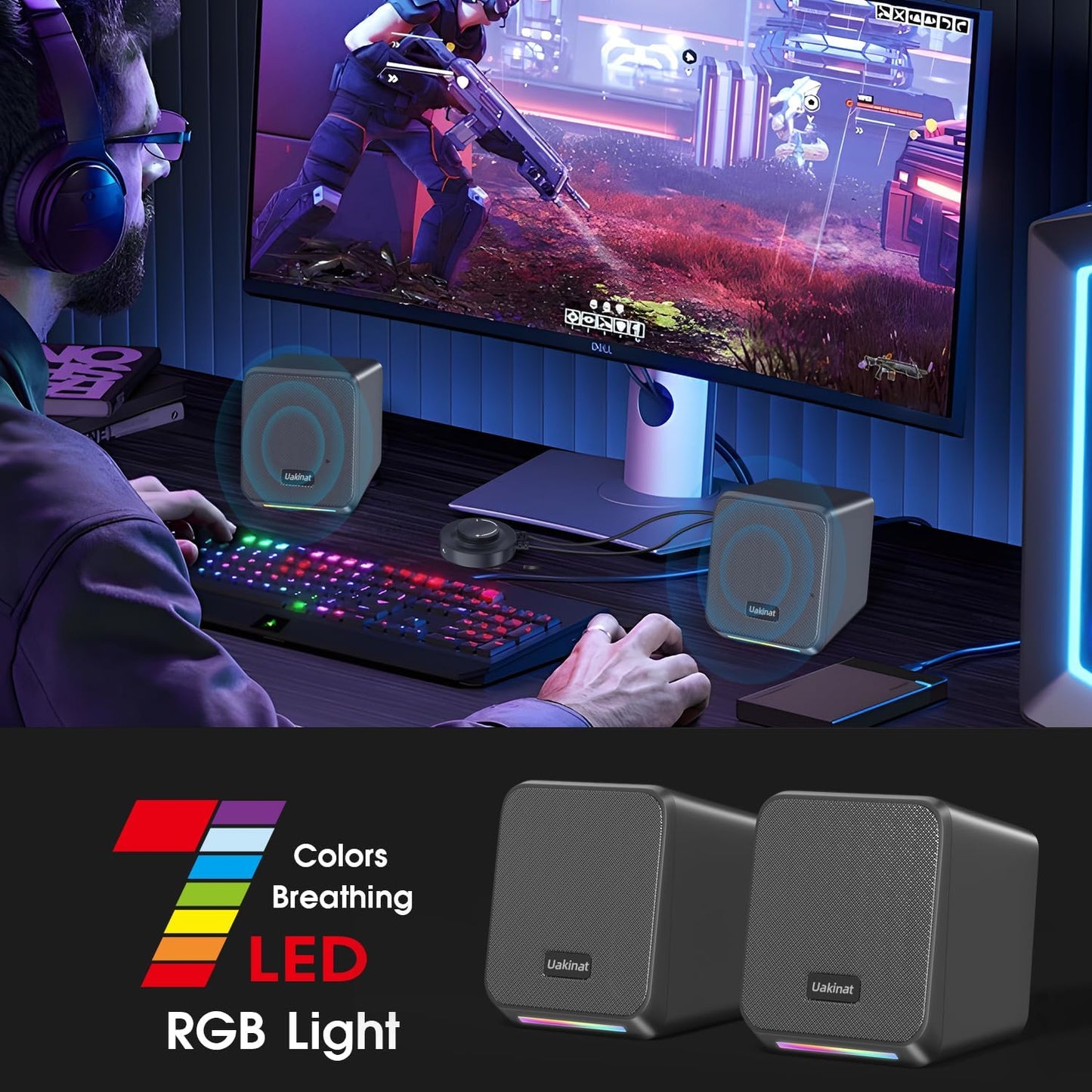 Computer Speakers,with 7 Colorful RGB Lights, Headphone Jack, Enhanced Bass and Volume Control, PC Speakers USB Powered Gaming Speakers for Laptop Monitor PC Tablet Phone