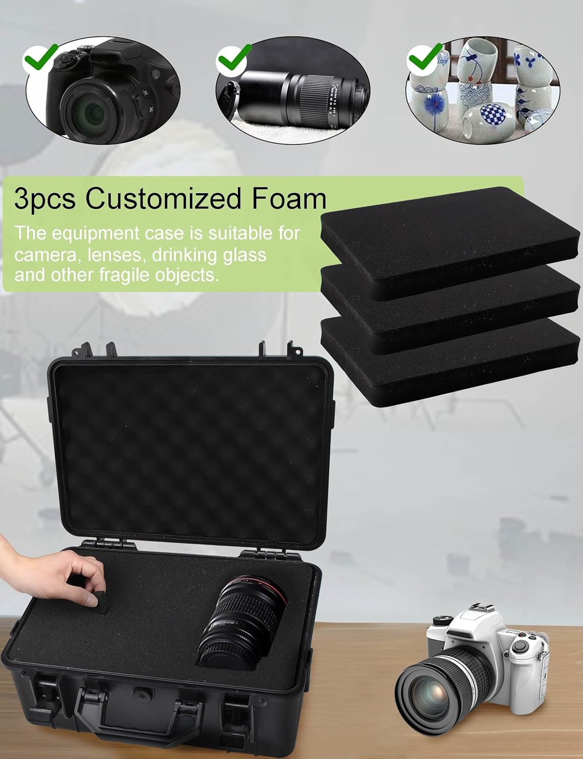 Camera Hard Case with Foam Protective Case Hard Shell Cases for Electronics Camera Large Travel Equipment Cases Waterproof Storage Box, 15" L x 10" W x 6" H