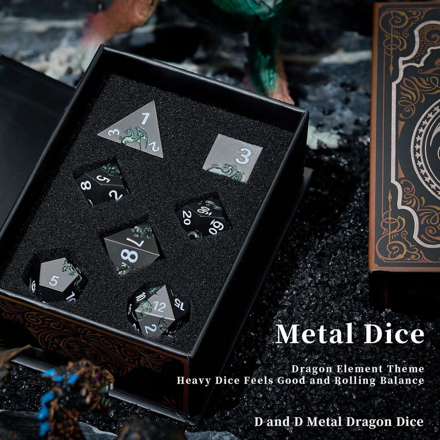 D&D Dice Set Metal Dragon Polyhedral DND Dice Set with Dragon Gift Box for Game Dice Dungeons and Dragons TTRPG(Black with Glitter Green Dragon)