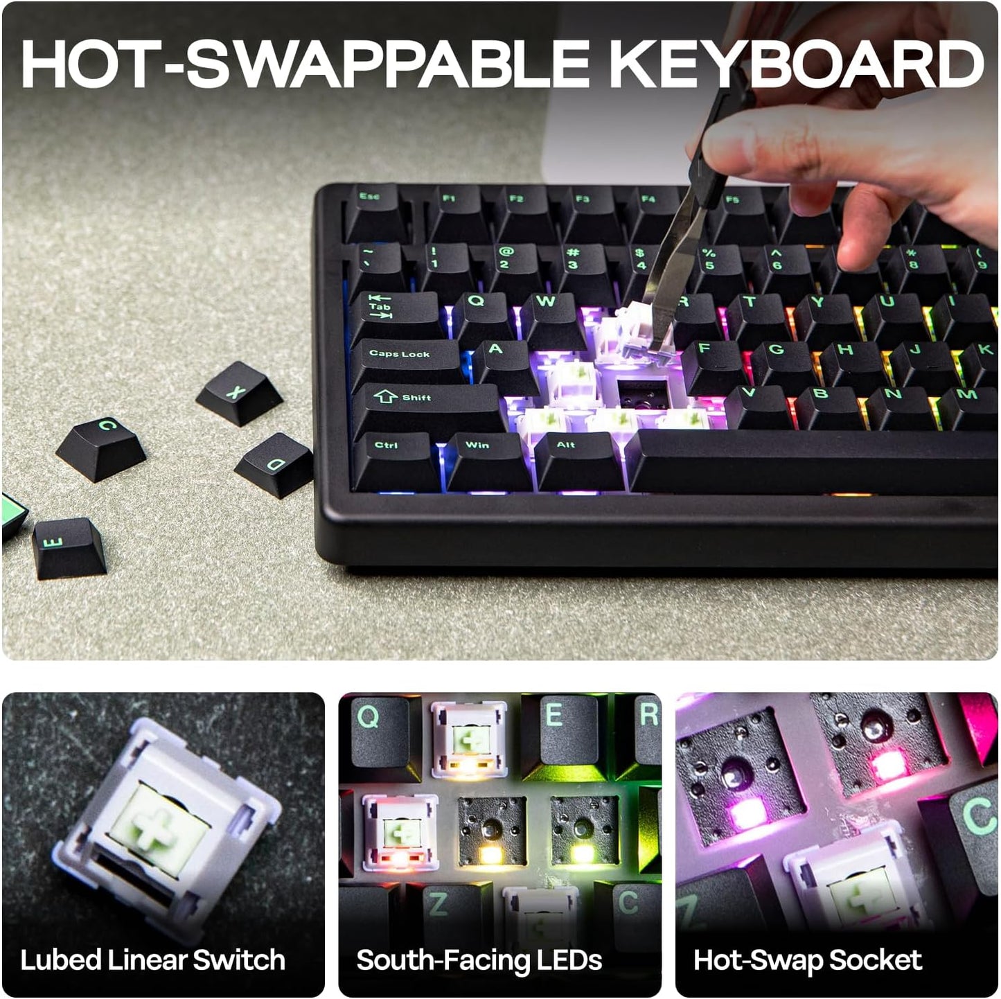 EPOMAKER QK81 75% Wireless Mechanical Gaming Keyboard, QMK/VIA Programmable and Hot-Swappable, 81 Keys with Metal Knob, 2.4Ghz/BT/USB, Creamy Gasket-Mount, RGB Backlight (Black, Wisteria Switch)
