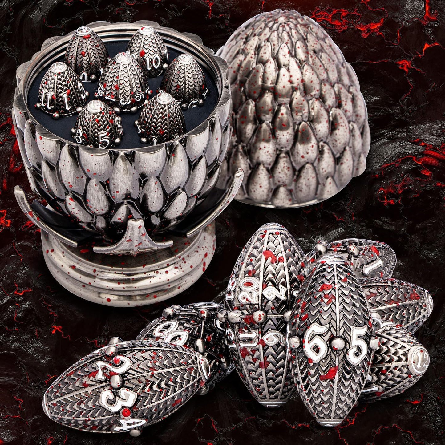 ARUOHHA DND Metal Dice Blood Splatter Dragon Egg Dice with Rotating Dragon Egg Shell, Role Playing Game RPG Polyhedral D and D Dice Set D20 D12 D10 D8 D6 D4