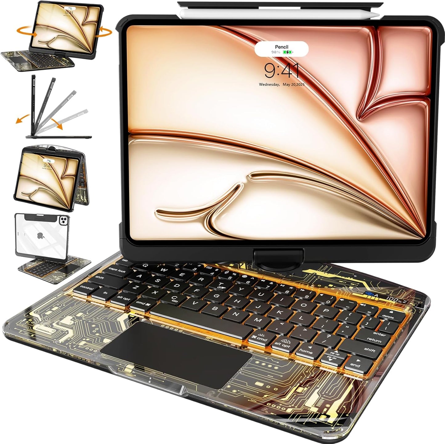 Intermerge Clear Keyboard Case for iPad Pro 11" (M4) 2024 Only, 360° Swivel Multi-Touch Trackpad, 7-Color RGB Backlit, Pencil Holder, Type-C, Power Indicator, Shadow Pulse