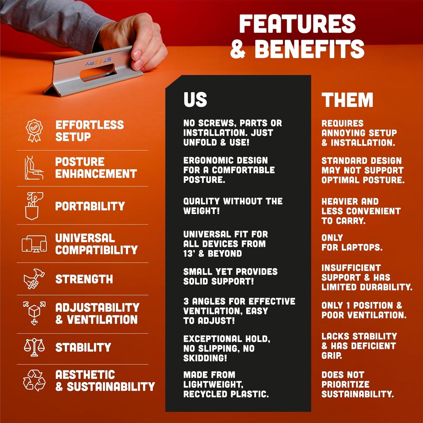 Steepy Adjustable Laptop Stand - 3 Height Computer Riser for Desk