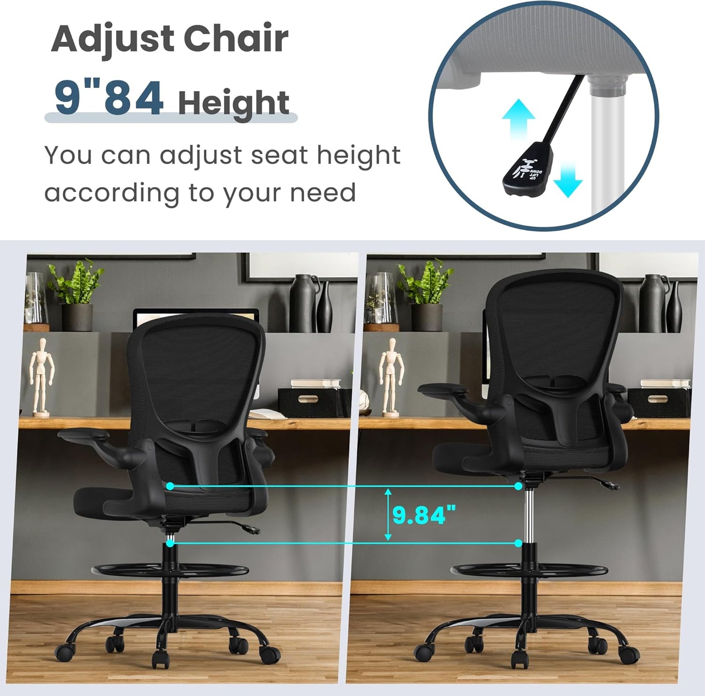 Drafting Chair, Tall Office Chair with Flip-up Armrests Executive Ergonomic Computer Standing Desk Chair, Office Drafting Chair with Lumbar Support and Adjustable Footrest Ring