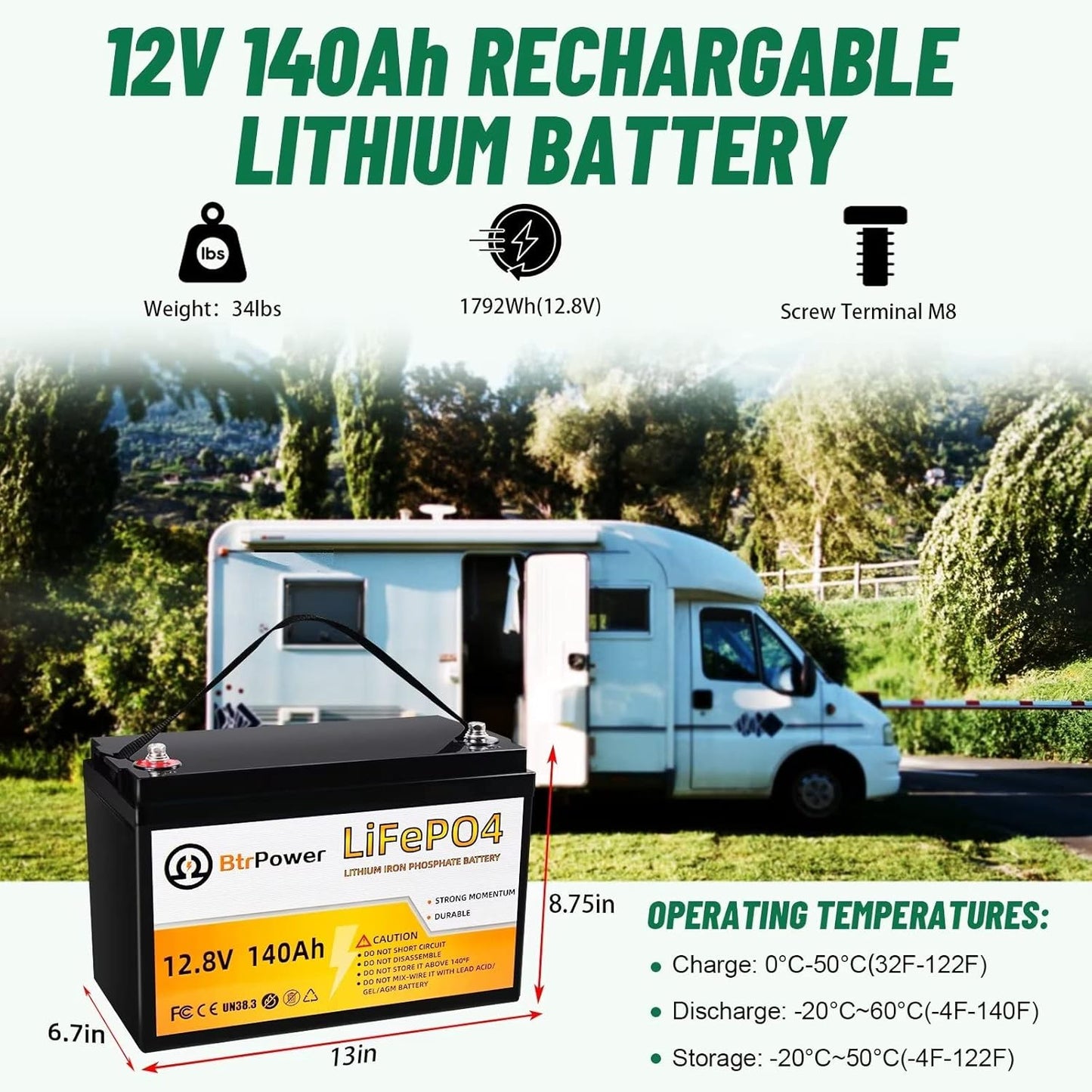 12V Lithium Battery-140ah Lithium Iron Phosphate LiFePO4 Deep Cycle Battery,100A BMS,4000+ Cycles,Perfect for RV,Home Storage,Solar Power System,Outdoor Camping and Trolling Motor