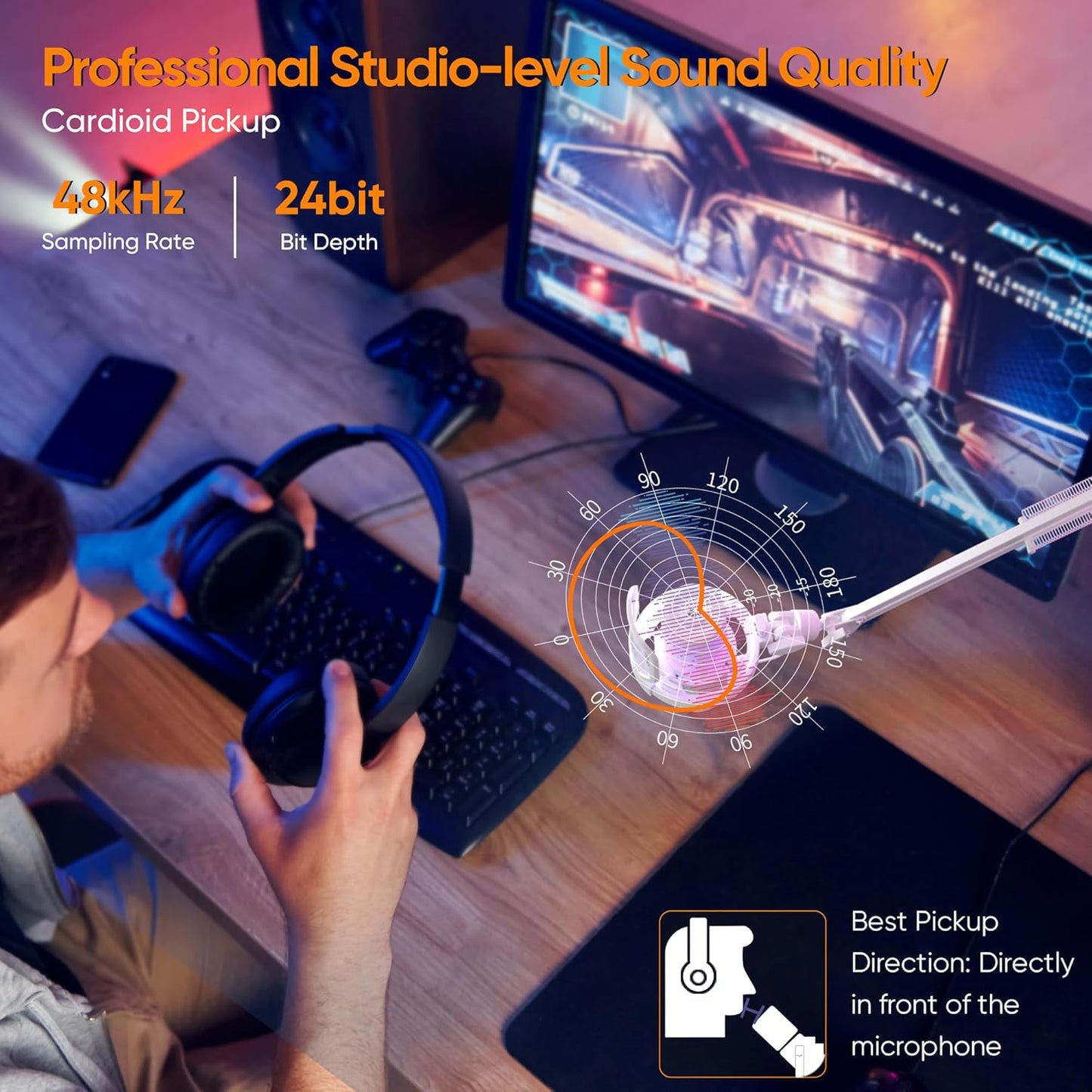 COMICA EJoy Uni USB Microphone for PC Gaming, Streaming, Podcast, YouTube, with Noise Cancellation, Mute, Gain, Monitoring - Condenser Mic for PS5, PS4, Mac, Computer (Boom Arm Mic) - White