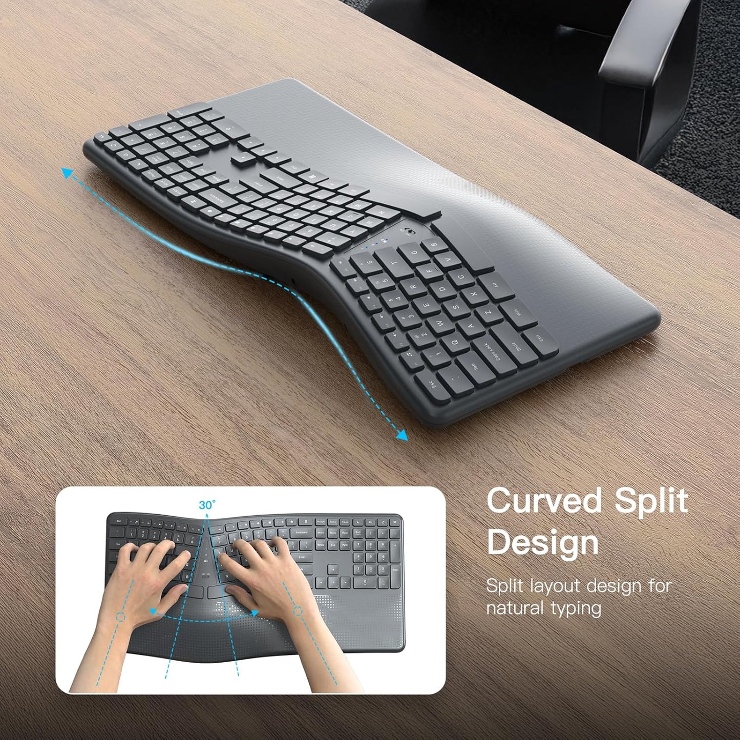 Ergonomic Wireless Keyboard with Wrist Rest, 2.4G Full Size Split Ergo Keyboard with Wave Keys, Comfortable Natural Typing for Windows Computer Desktop Laptop