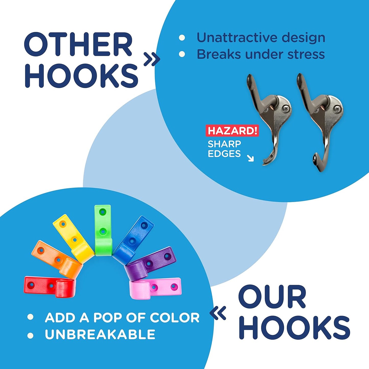 Heavy Duty Hooks for Hanging Coats, Jackets, Backpacks, Baseball Hats - Wall Mounted Rainbow Color Hangers for Kids, Perfect Hook for Classrooms, Bathroom Robes and Towels | J Hook 7-Pack