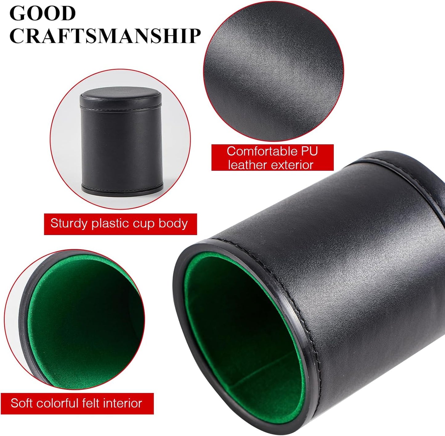 5 Pack Black Leather Dice Cups with Colorful Velvet Felt-Lined Interior and 30 Matching Colorful Transparent Dices