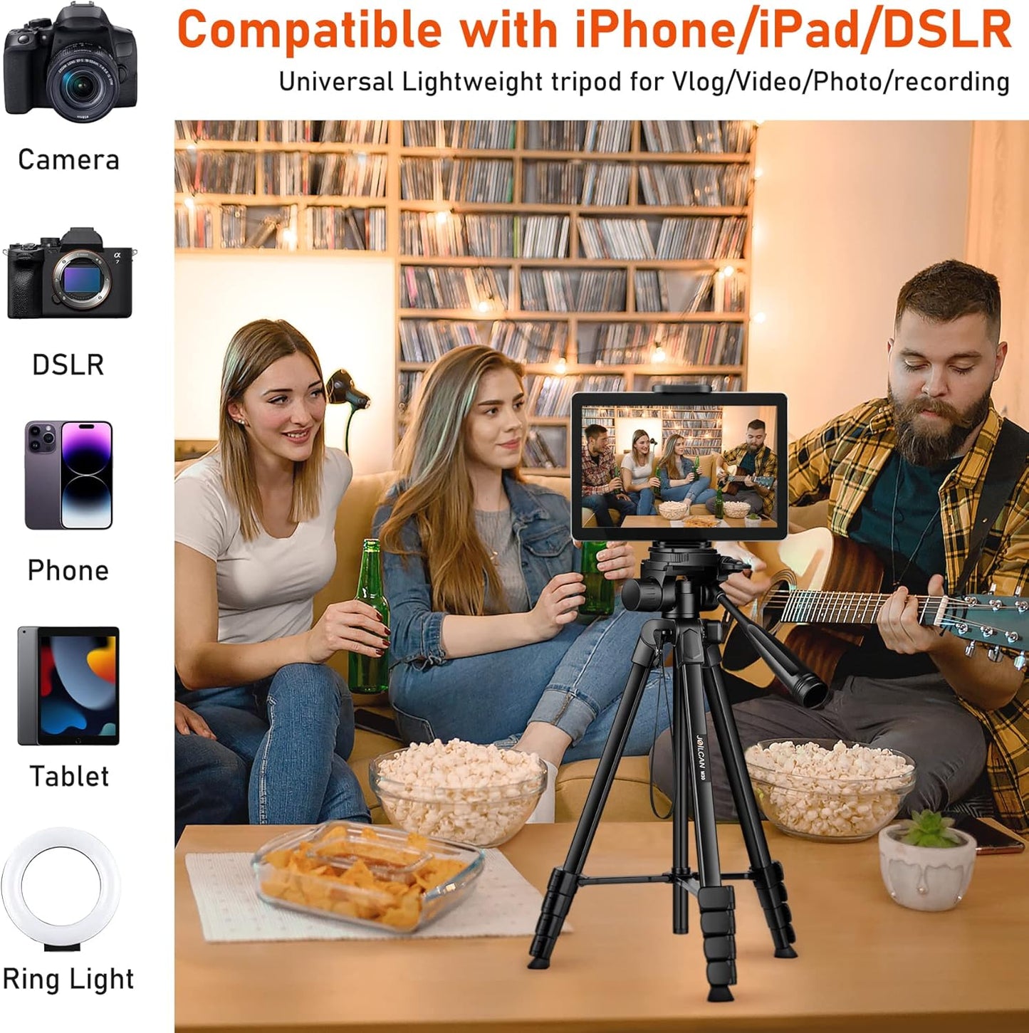 JOILCAN Camera Tripod, 68" Tablet Tripod Stand for Phone Cameras, Travel Tripods Compatible with iPad iPhone DSLR SLR Projector, Cell Phone Tripods Stand with Remote/Travel Bag / 2 in 1 Mount