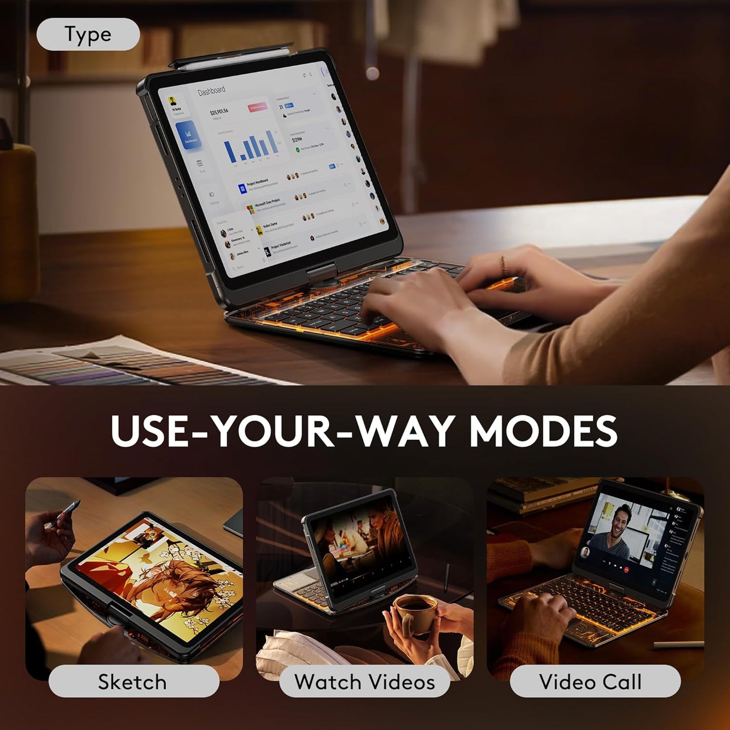 GUSGU Transparent Case with Wireless Keyboard for iPad 11th Gen 11-in.(A16, 2025), 2022 iPad 10th Gen 10.9-in, 7 Colors Backlight, Trackpad, 360°Rotating Stand, Tech Style