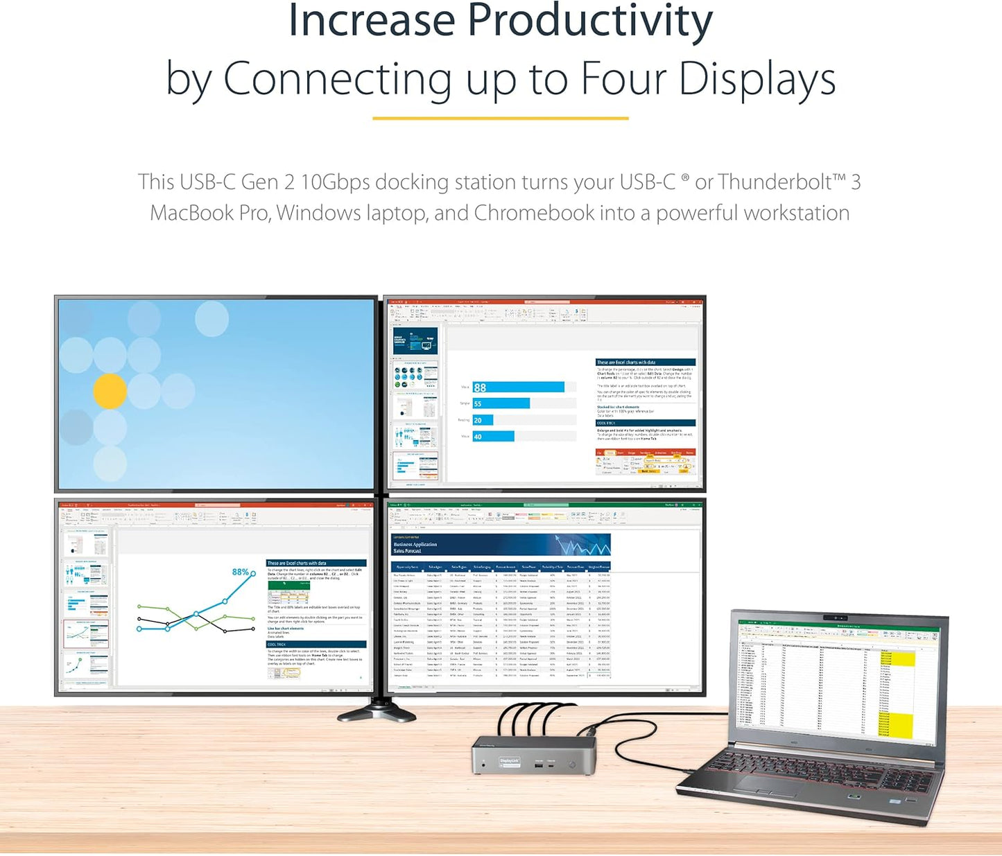 StarTech.com USB-C Quad Monitor Docking Station for MacBook Pro/Air M1 M2 M3 M4 & Windows, Universal 4K 60Hz HDMI DP Dock, Thunderbolt Compatible, 100W Laptop Charging