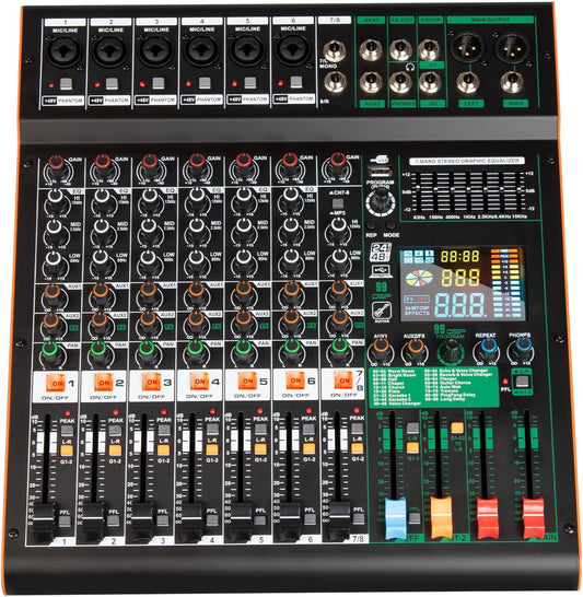 Depusheng TG8 professional dj audio mixer 8 channel input and dual group output with 99-bit dps reverb chip bluetooth usb recording and mp3 playback suitable for stage, bar, recording studio