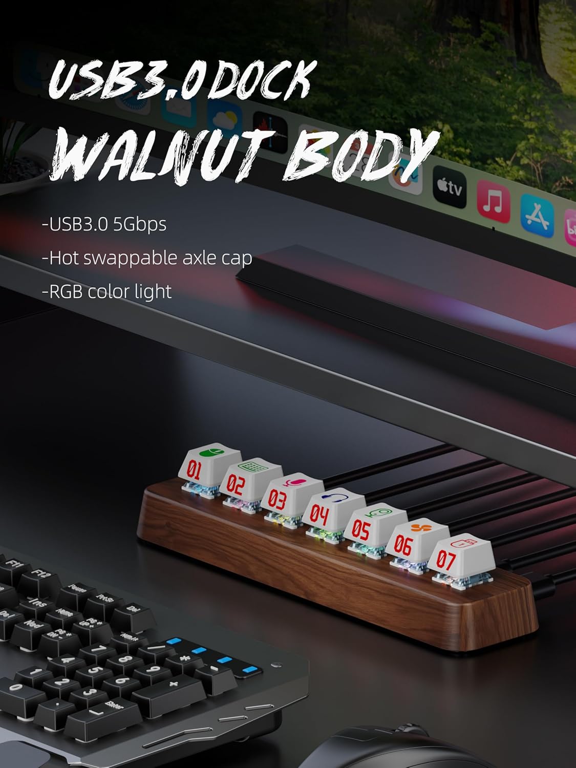 7-Port USB 3.0 Powered Hub, RGB Lighting, Hot-Swappable Cherry MX Switch Support, 5Gbps Speed, Includes 12V/2A Power Adapter, Walnut Wood Cyberpunk USB Dock-FU0736