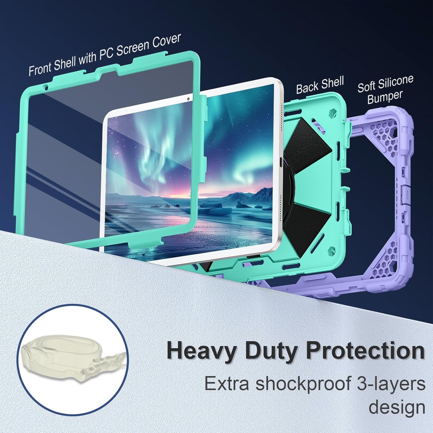 Case for iPad (A16) 11th Generation 11 Inch (2025) / iPad 10th Generation Case 10.9 Inch (2022) with 360° Rotating Stand Screen Protector Pen Holder Shoulder Strap, Purple Mint