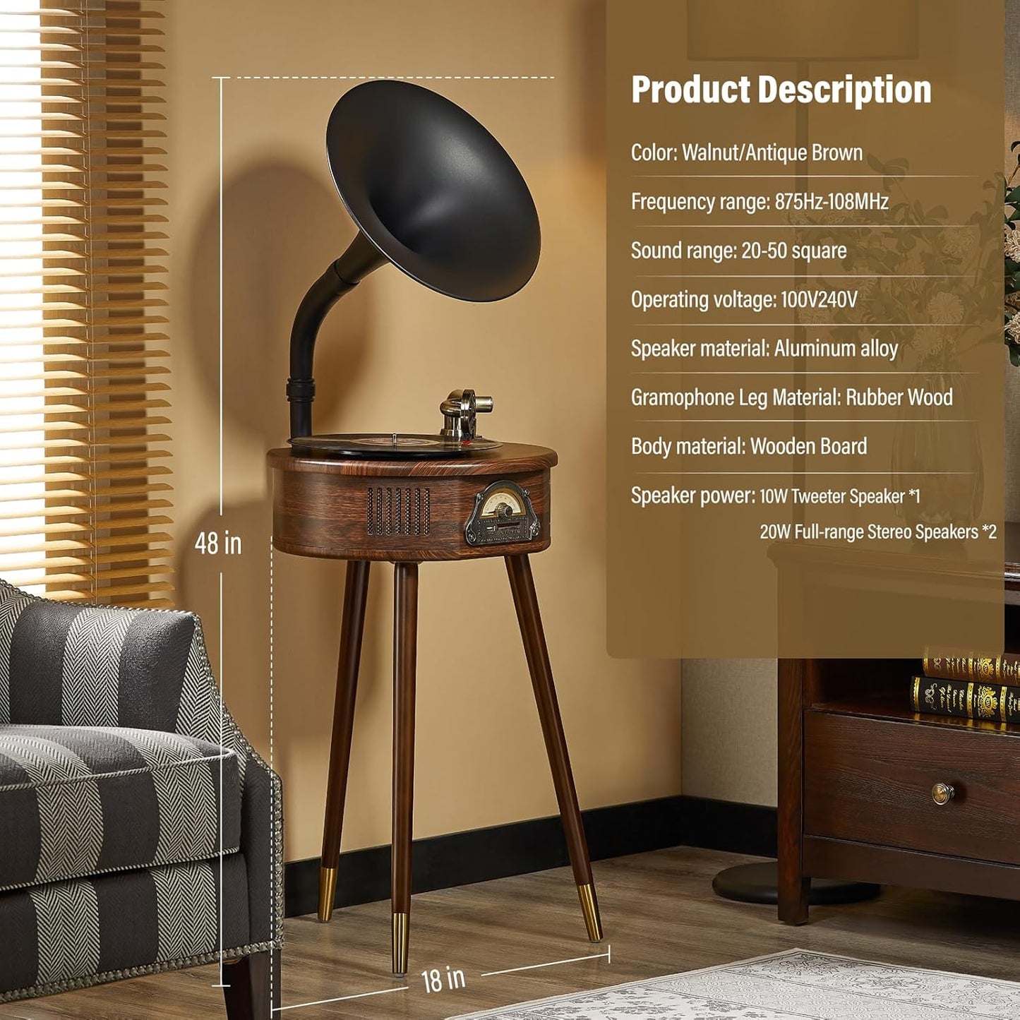 Gramophone Record Player，Italian Style Gramophone Vinyl Record Player with Control/Bluetooth/USB/FM Vintage Record Players Turntables 2 Speed(33/45), Hi-Fi, Classic Tripod Retro Wooden Design