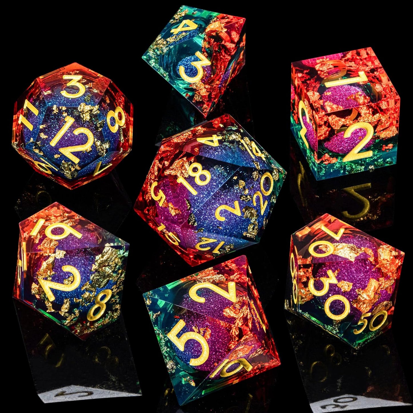 ARUOHHA Liquid Core DND Dice Set, 7pcs Resin Sharp Edged Dragons Dice Compatible with D&D Role Playing Games, RPG Golden Numbers Orange Green Dungeons Polyhedral D and D Dice with Gift Box D20 D10 D6