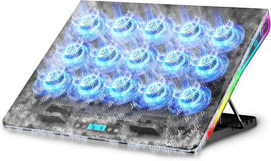 AICHESON Gaming Laptop Cooling Pad with 15 Cooler Fans, RGB Ultimate Computer Stand Base with Silent Fans for 15-18 Inch Laptops, Blue LED Lights